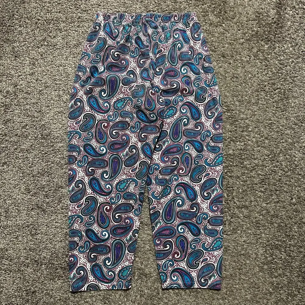 Vintage 80s Paisley Pants Elastic Waist Baggy Wide Leg Unisex Cotton 32-34
